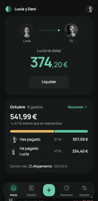 Inicio de Mitad: el saldo de la pareja, el resumen del mes y los últimos gastos