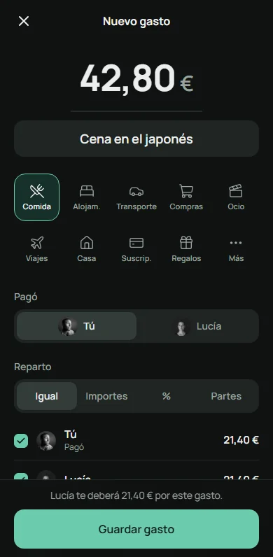 Formulario de nuevo gasto con el importe, la categoría y el reparto a la vista